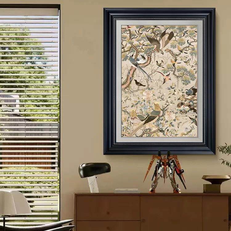 花鸟祥和图玄关法式中古风餐厅装饰画新中式客厅挂画复古艺术国画