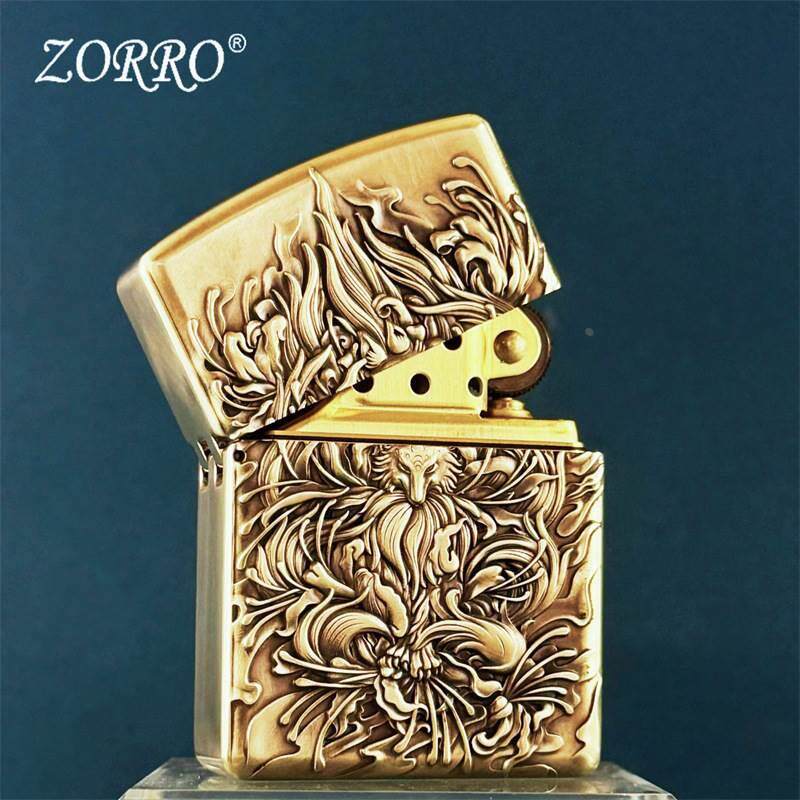 佐罗912盔甲纯铜黄铜煤油打火机3D立体浮雕雕刻精雕貔貅九尾狐图