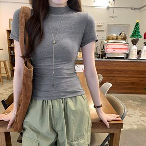 独特高领修身短袖女图内T恤半正肩漂亮春夏季实拍上衣搭新款打底