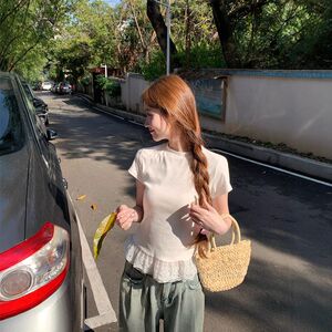 短袖百搭韩版下摆蕾丝修身圆领风上衣芭蕾T恤学生夏季女装打底衫