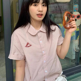 衬衫 夏季 粉色格子短袖 女2025新款 衬衣 宽松百搭刺绣图案polo衫 薄款
