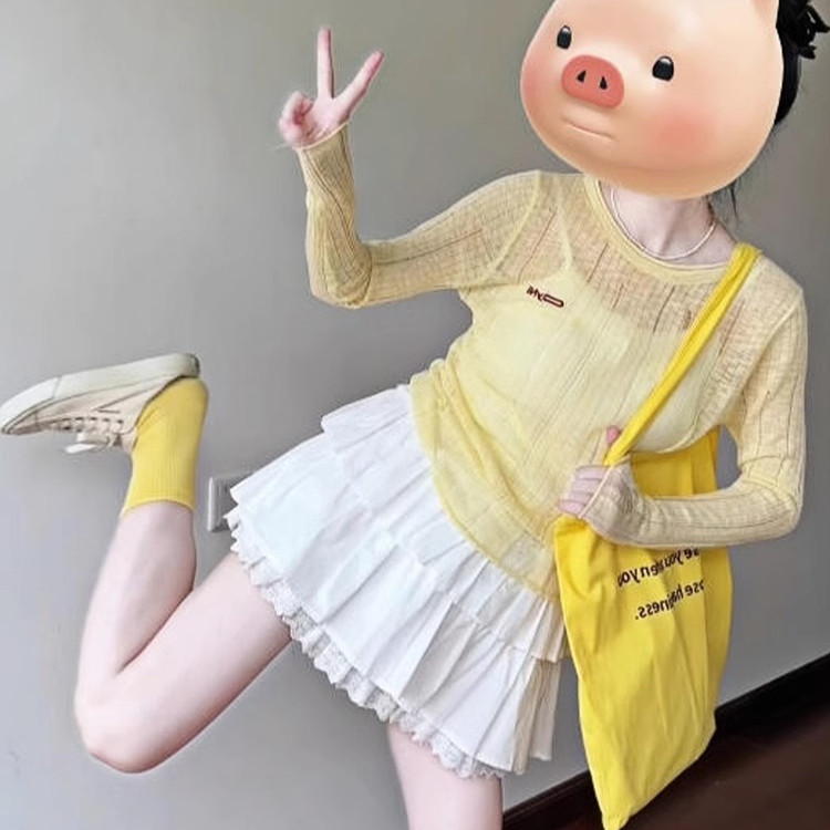 黄色微透防晒罩衫修身长袖T恤女夏2025新款轻薄空调衫多巴胺上衣