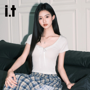 T恤女2025夏白色收腰正肩上衣 CHOCOOLATE 辣妹V领蕾丝修身 短袖