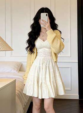 （现货）叽咕早春新款套装女装黄色软糯短款针织毛衣外套女显瘦裙