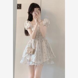 性感气质抽褶收腰短裙 法式 温柔风甜美短袖 碎花蕾丝公主裙夏季 新款