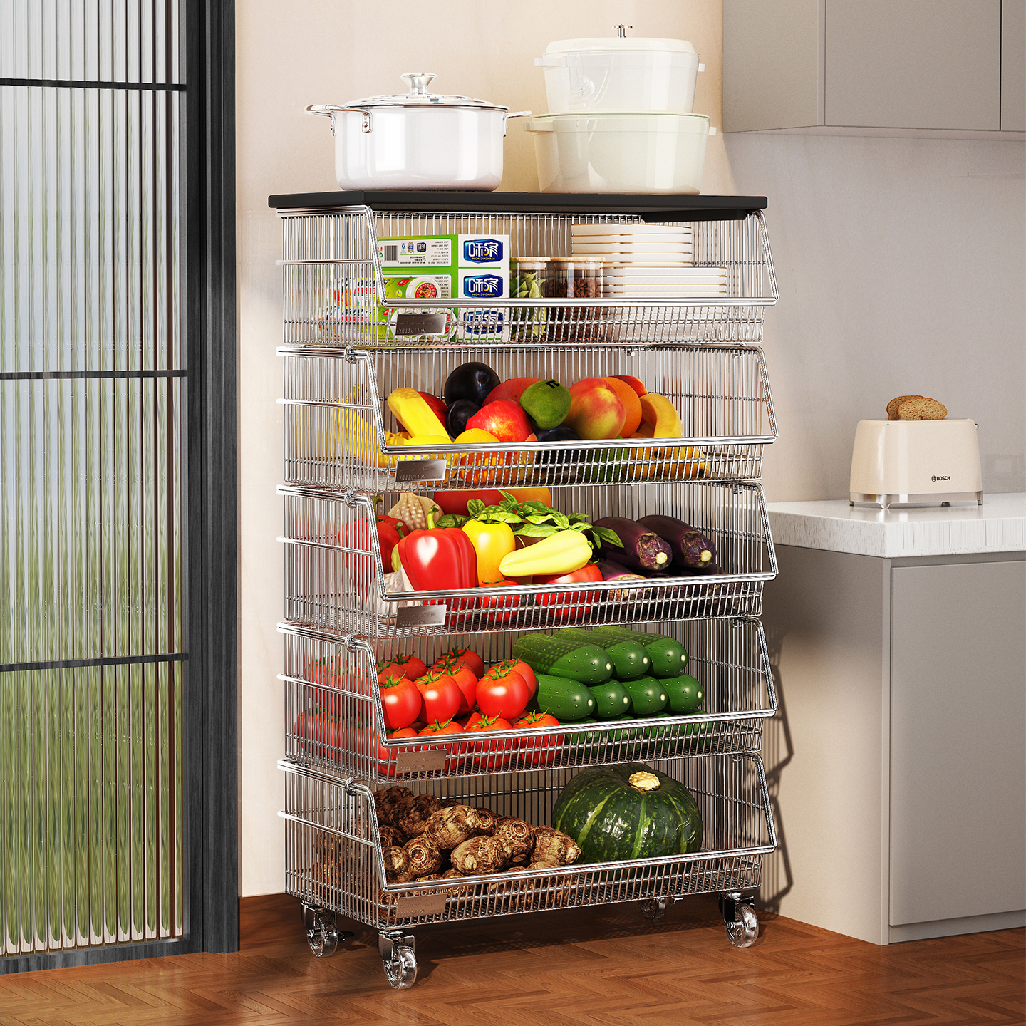 落地不锈钢厨房置物架水果蔬菜篮收纳架子多功能移动小推车储物架,厨房/烹饪用具,厨房置物架/置物柜/角架,淘宝优惠券,粉丝福利购,淘宝优惠卷