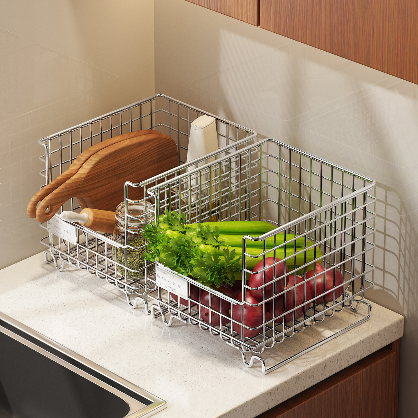 新款厨房置物架油盐酱醋收纳架调料架葱姜蒜收纳筐不锈钢果蔬篮子