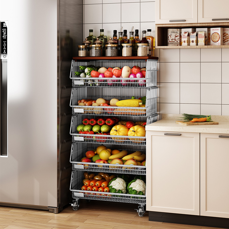 厨房多功能置物架落地果蔬架子收纳筐蔬菜储物架可移动菜篮子货架