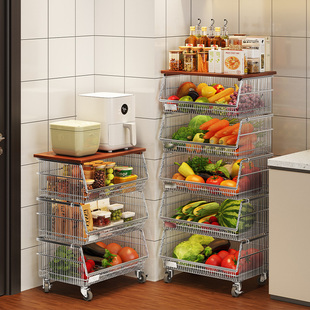304不锈钢厨房果蔬菜置物架移动收纳筐落地多层家用菜篮子小推车