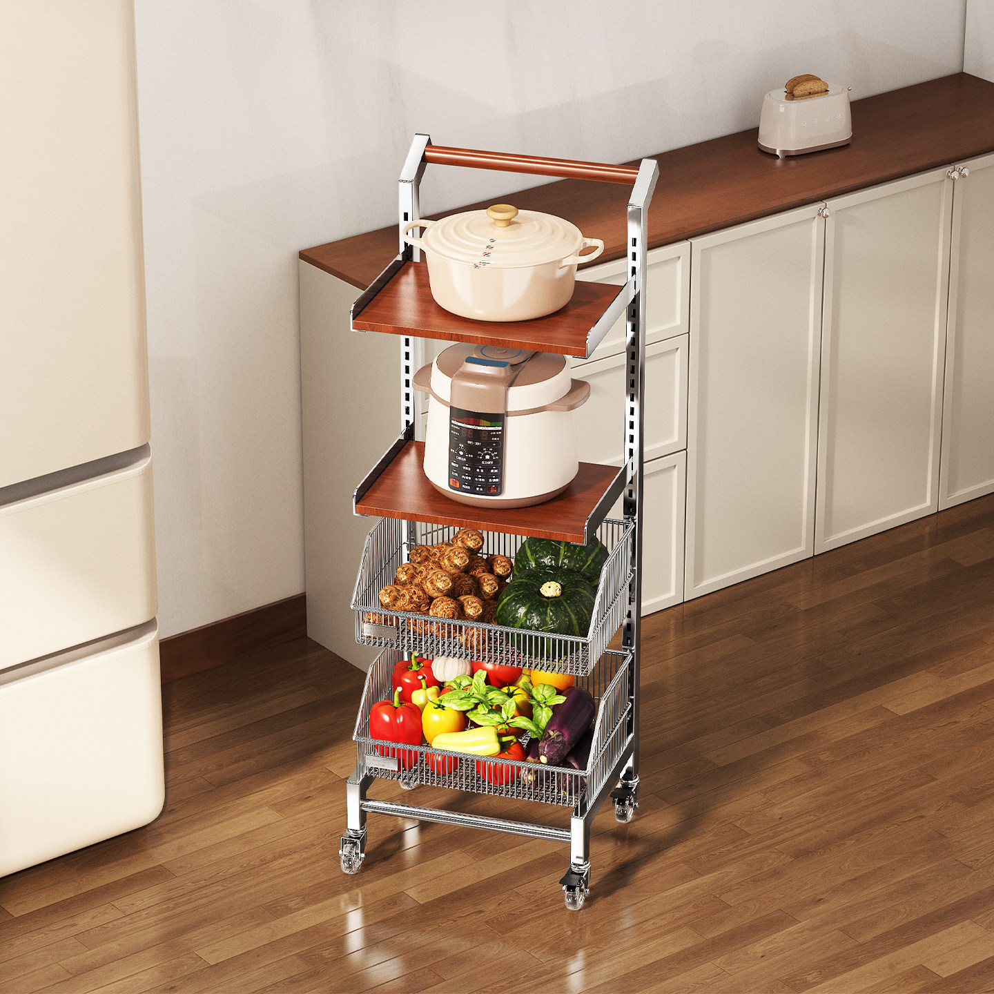 环图实木多层落地厨房层架