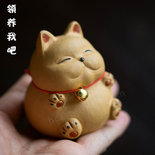 紫砂茶宠猫小摆件创意手工茶道招财猫茶具配件铃铛装饰