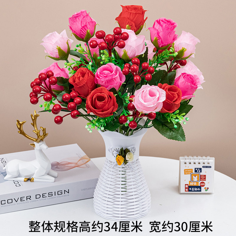 仿真花假花餐桌卧室客厅装饰花摆设花酒柜摆件玫瑰花塑料花带花瓶