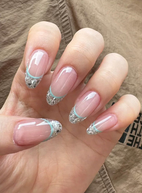 免烤灯】Q103全固化爆闪银边法式高级凝胶美甲贴纸指甲贴纸女孩