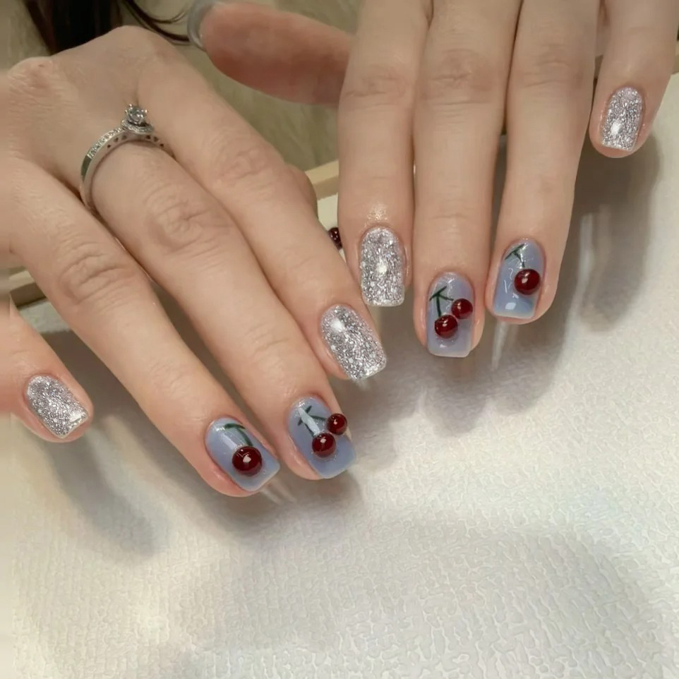 免烤灯】巨粘服帖樱桃凝胶美甲贴纸5d浮雕指甲贴纸女孩持久防水