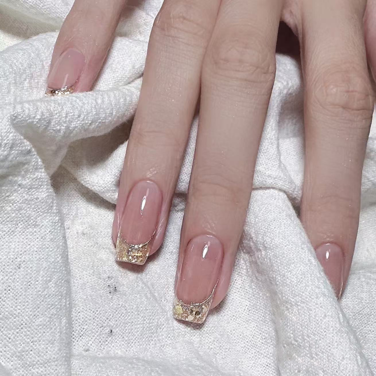 免烤灯】Q57全固化金色爆闪高级法式网红凝胶美甲贴纸指甲贴纸