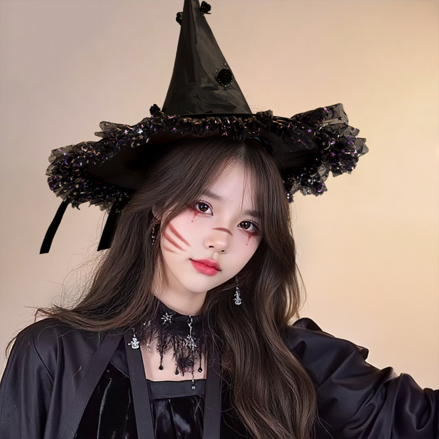 万圣节cos女巫帽子女黑色蕾丝尖顶帽暗黑哥特风装扮拍照道具头饰