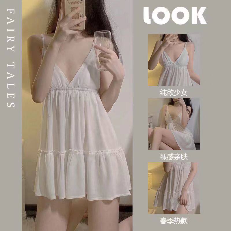 网图性感睡衣女纯欲风吊带睡裙仿棉料深V甜美俏皮短裙情调家居服