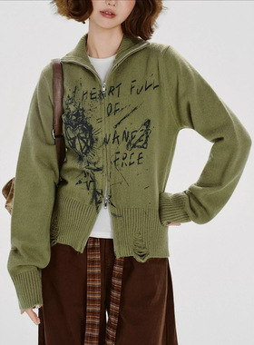 美式复古辣妹印花毛衣开衫女秋冬新款短款针织衫慵懒线衣外套