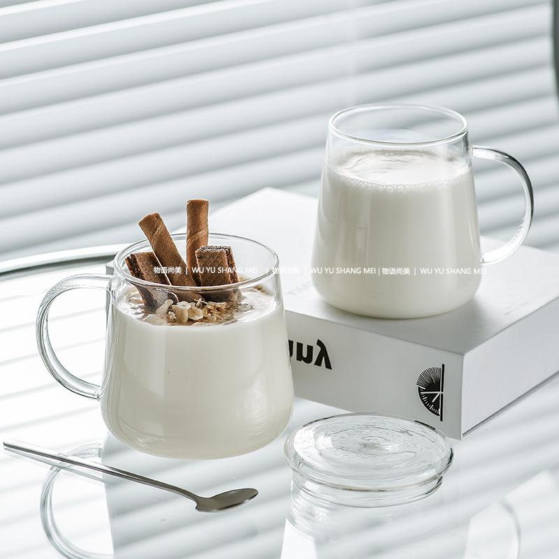 可加热高硼硅玻璃水杯带把牛奶咖啡杯耐高温防爆茶杯带盖勺马克杯