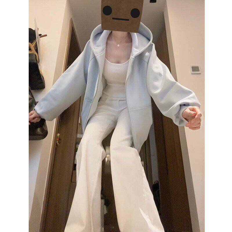 韩系巨好看浅蓝色卫衣外套女早春秋装初中生连帽拉链开衫oversize