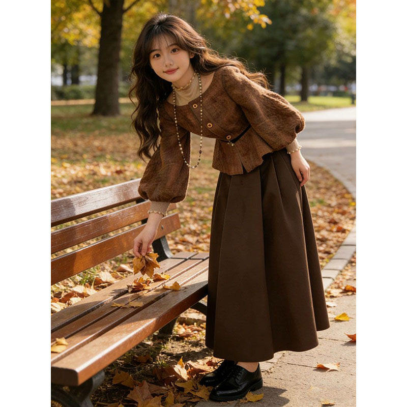 小个子穿搭复古两件套2026春季新款韩系收腰灯笼袖上衣半身裙套装