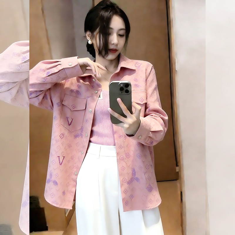 重工烫钻印花粉色翻领衬衫外套女春2026新款小个子宽松休闲防晒衣