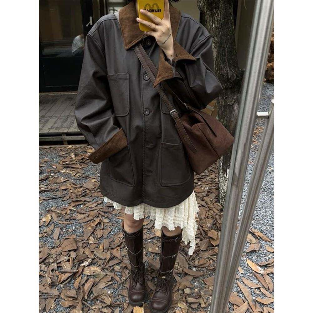 棕色撞色领皮衣外套女2025新款超火小个子皮夹克酷飒风正流行美式