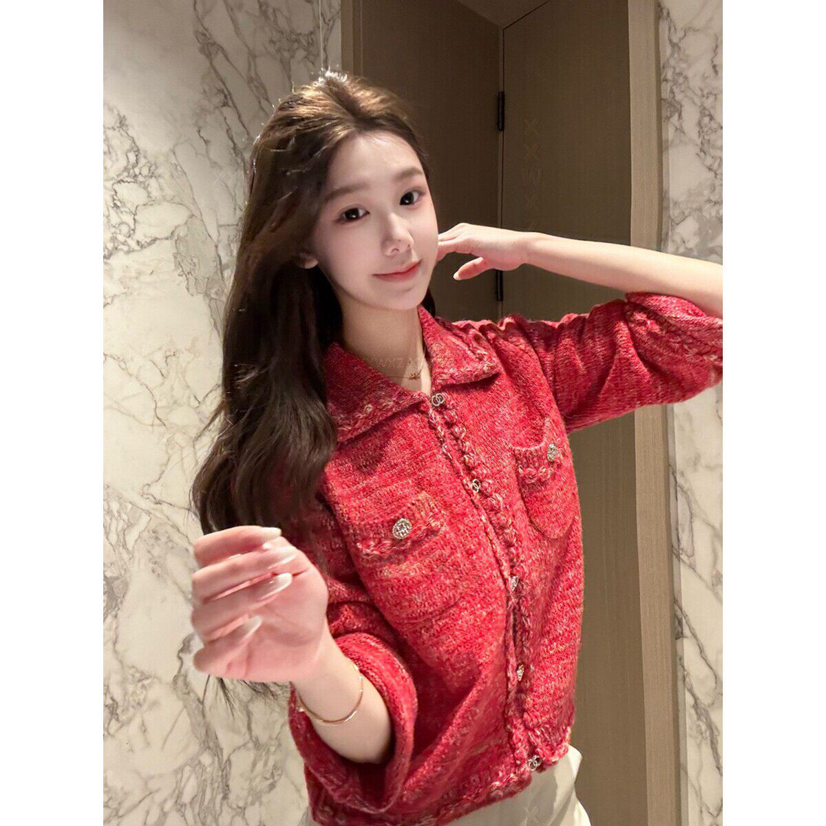 大码韩国女装早春新款胖mm时尚百搭纽扣设计小香风短款上衣外套女