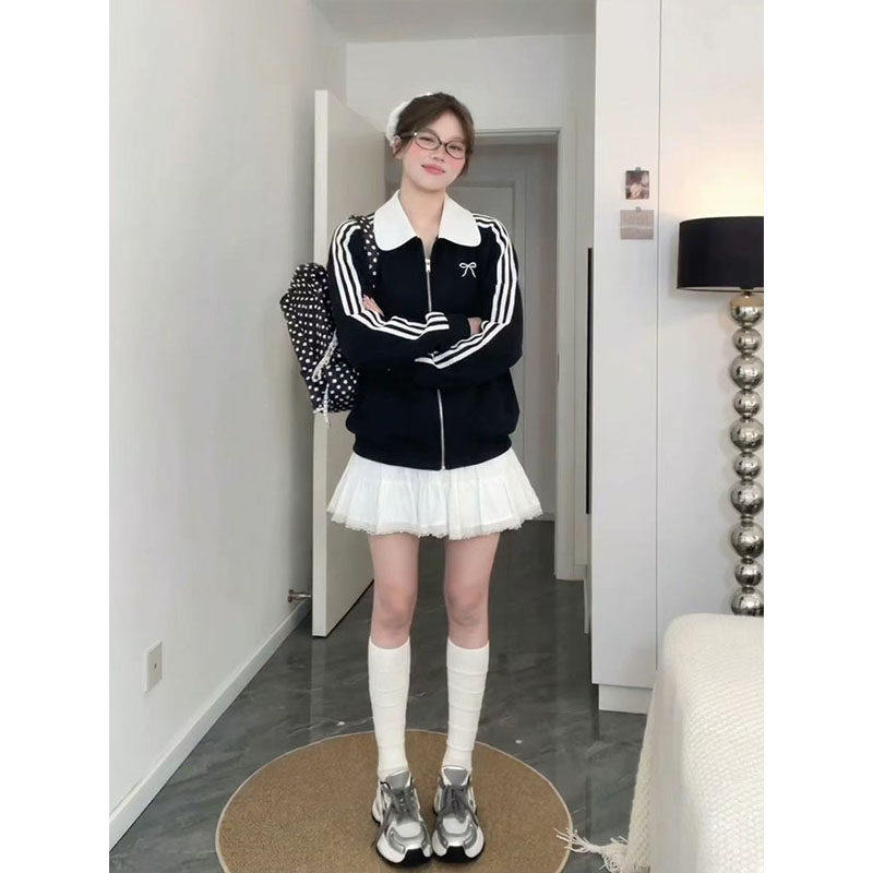 韩系立领黑色开衫卫衣外套女春季新款巨好看三条杠拉链上衣夹克潮