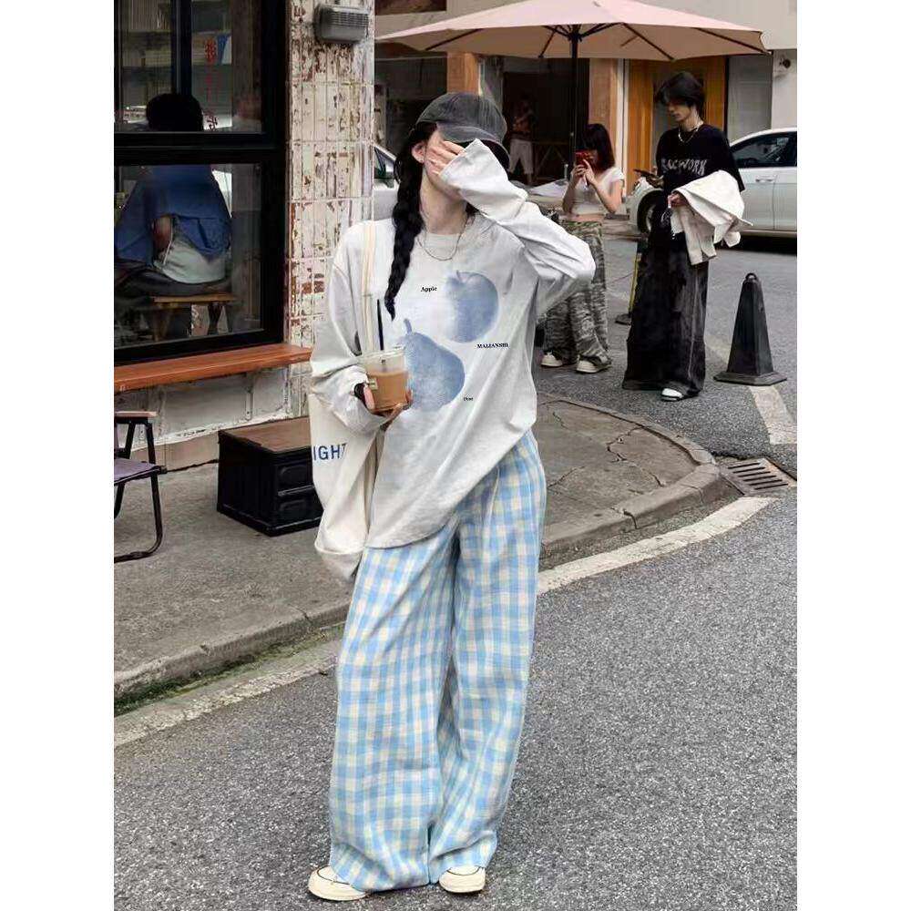 纯棉美式复古正肩长袖t恤女2026新款秋季宽松潮牌百搭慵懒风上衣