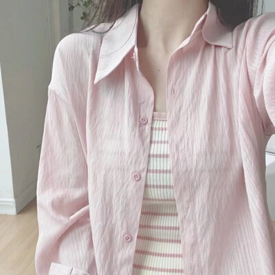 蓝色轻薄款防晒长袖亚麻衬衫女夏装新款宽松慵懒衬衣休闲外套上衣