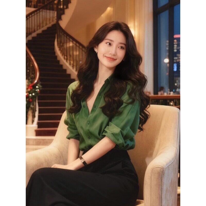 早春穿搭上班职业通勤气质女神范高端绿色衬衫半身裙两件式套装女