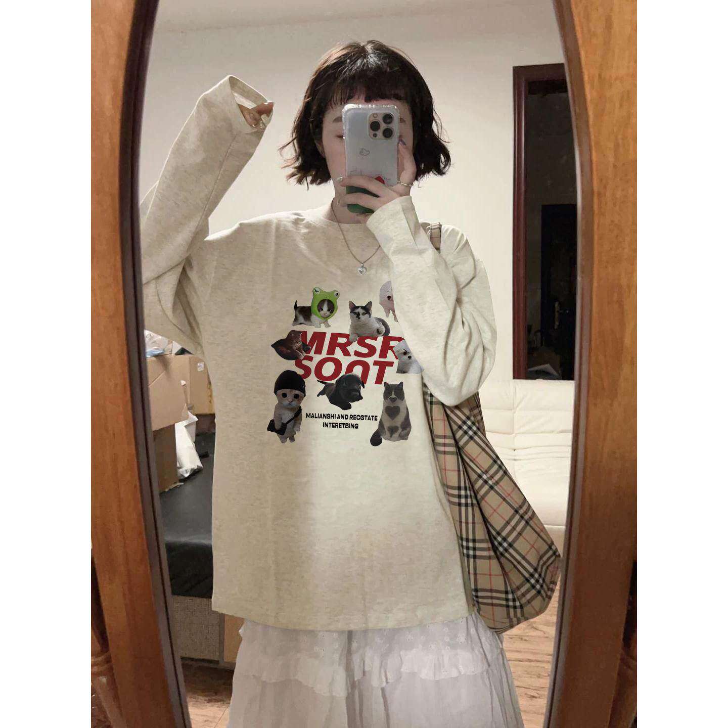 纯棉美式潮牌卡通正肩长袖t恤女2026新款秋季设计感小众慵懒上衣