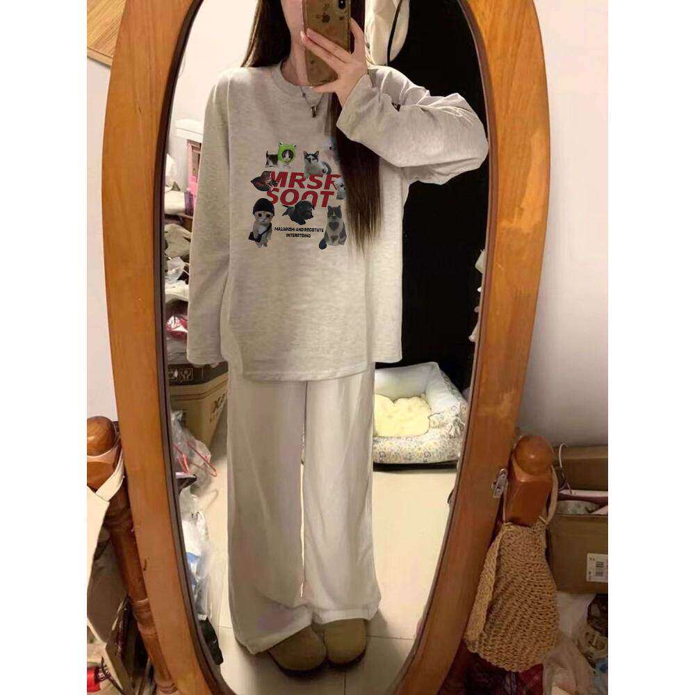 100%纯棉美式复古卡通正肩长袖t恤女2026新款秋季潮牌慵懒风上衣