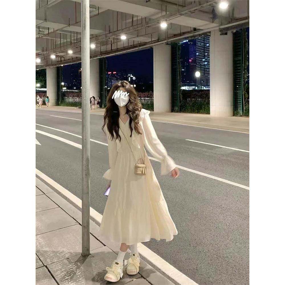 法式初恋白色长袖洋装女气质温柔风2025春秋新款收腰显瘦裙子夏