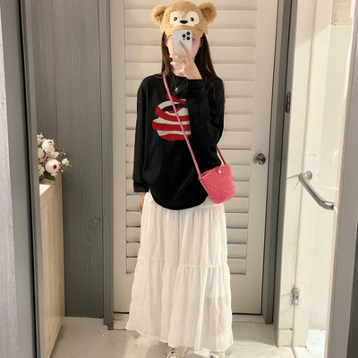 黑色长袖t恤女2026新款爆款早春宽松体恤纯棉chic别致上衣设计感