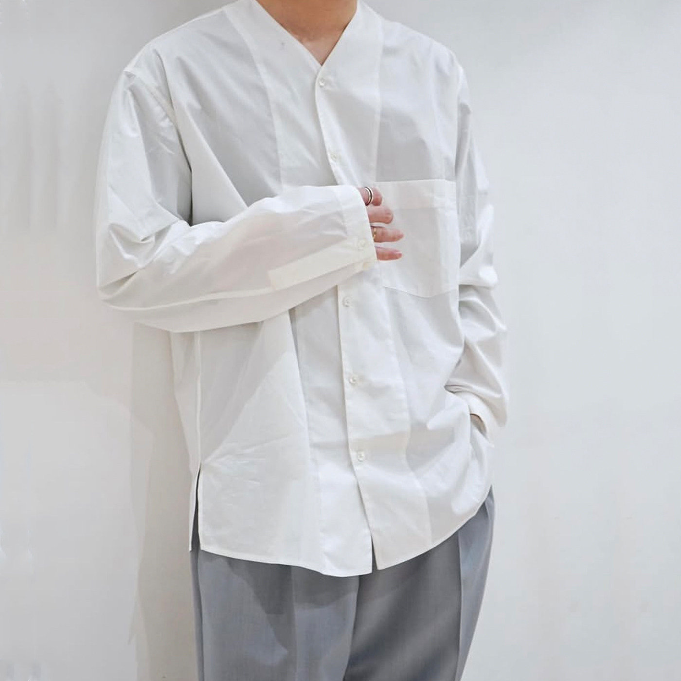 自主天花板】lemaire风格经典无领长袖纯棉衬衣极简百搭V领衬衫