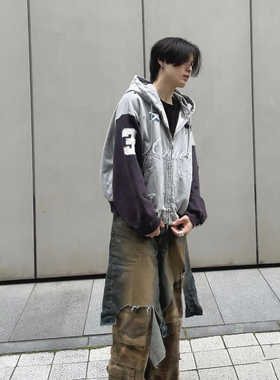 现货】Grailz风格25SS拼接磨破做旧水洗刺绣拉链连帽战马卫衣男女