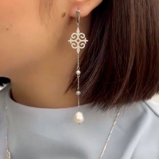 哈萨克首饰银色镶嵌锆石珍珠长款耳环耳扣项链女蒙古元素百搭首饰