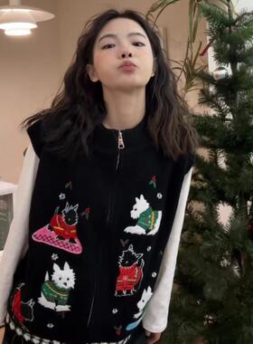 超重工！黑色卡通刺绣针织马甲外套女春装新款宽松无袖叠穿上衣潮