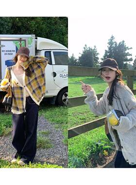 im向 玩趣两面穿’宽松破洞V领针织衫女/格纹衬衫两面穿开衫外套