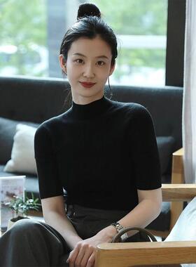 法式黑色薄款半高领打底衫正肩短袖女春秋修身高级感中袖内搭上衣