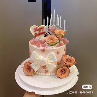 七夕情人节珍珠爱心蛋糕装饰摆件女神闺蜜女朋友玫瑰花朵烘焙插件