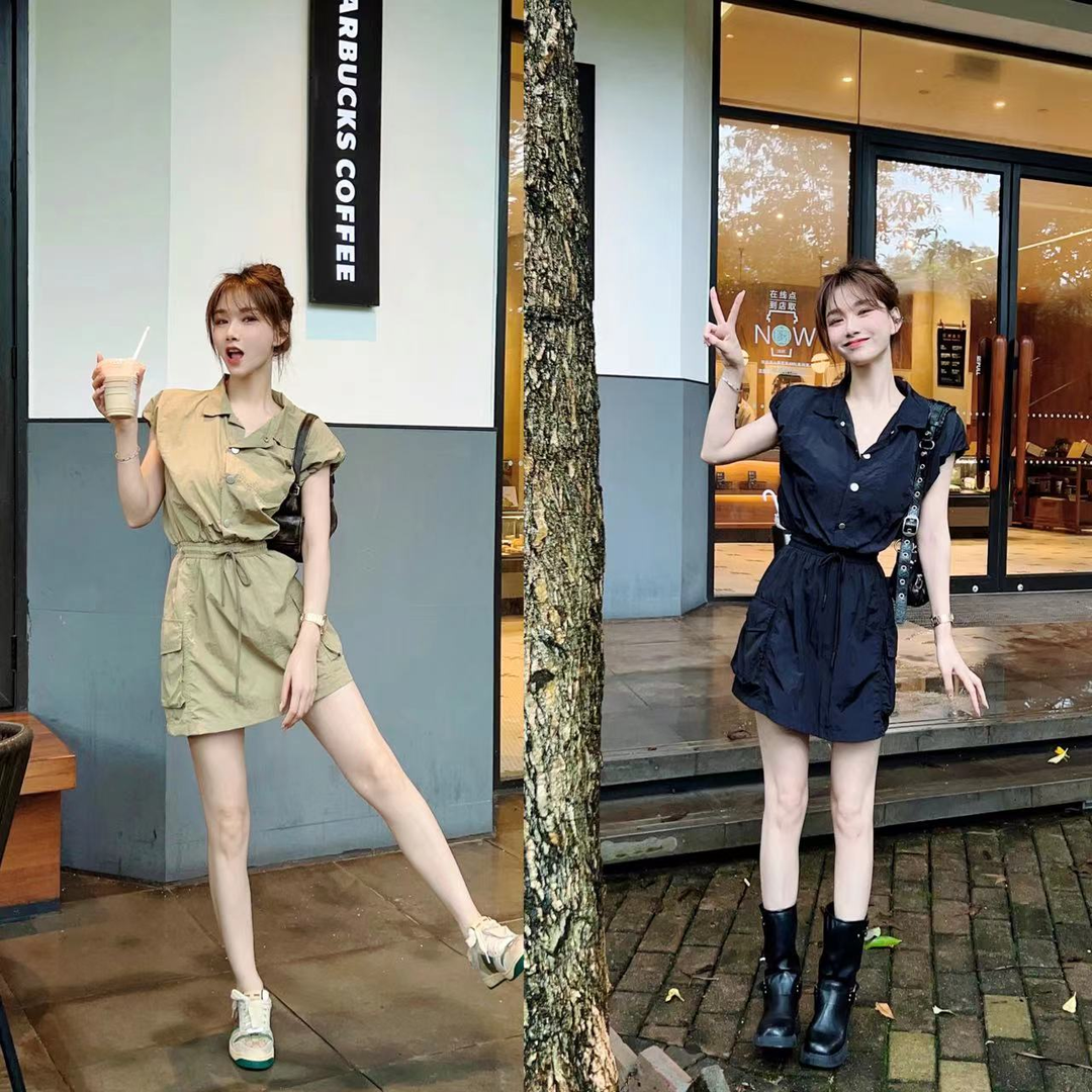 卡卡女装官方正品《美式酷飒》复古工装连衣裙女小个子连体裙