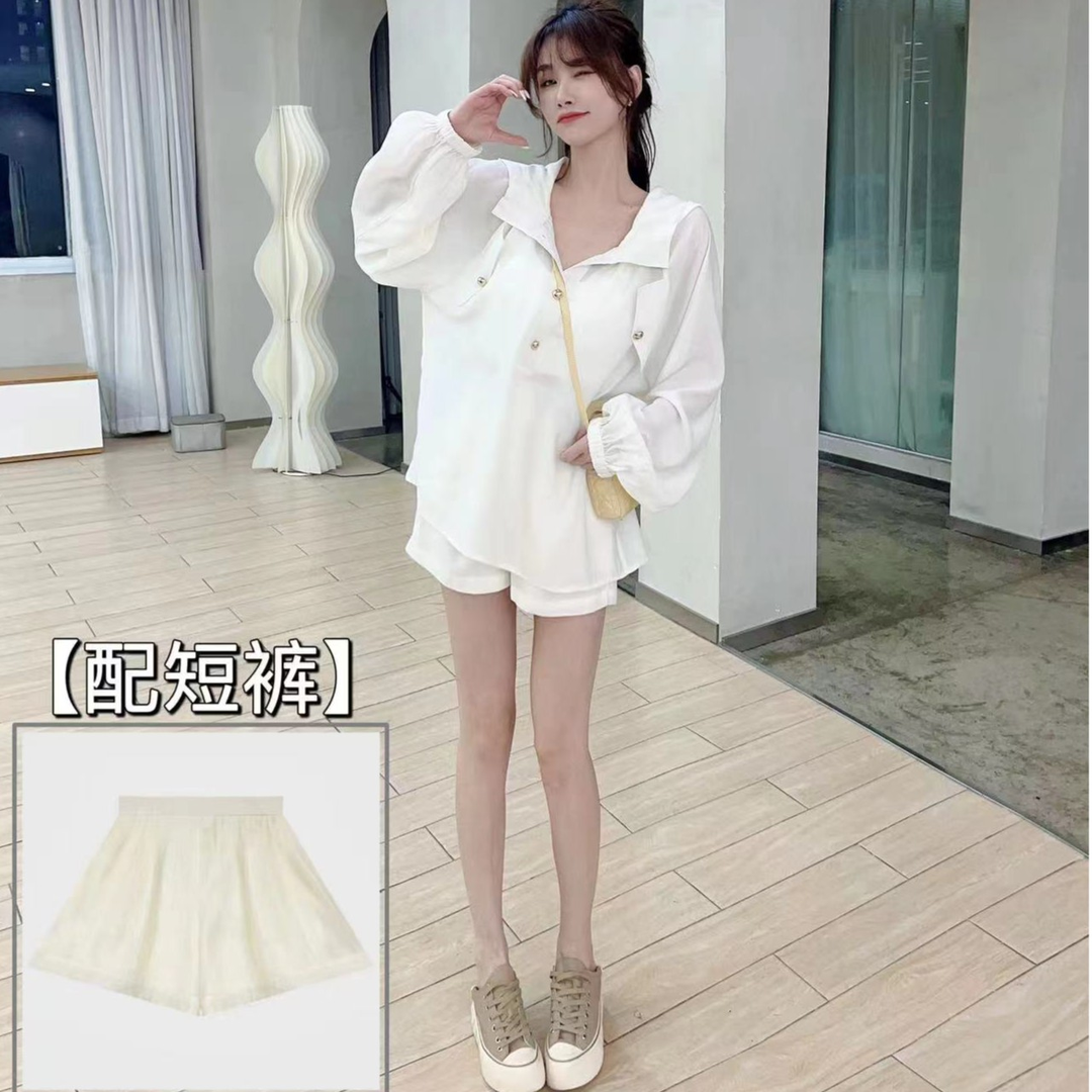 卡卡女装官方旗舰正品运动休闲防嗮两件套连帽衬衫 高腰短裤套装