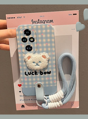 蓝色格子适用华为荣耀200lite手机壳honor100pro立体90gt刺绣80小熊70挂绳60se卡通v40i+x50十x40i硅胶小清新