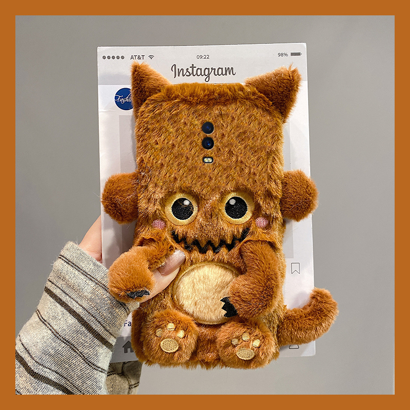 棕色小怪兽适用oppor17pro手机壳r15x梦境版r11splus斜挎r9s可背带r7plus秋冬季r17毛绒oppo毛茸茸0pp0卡通软