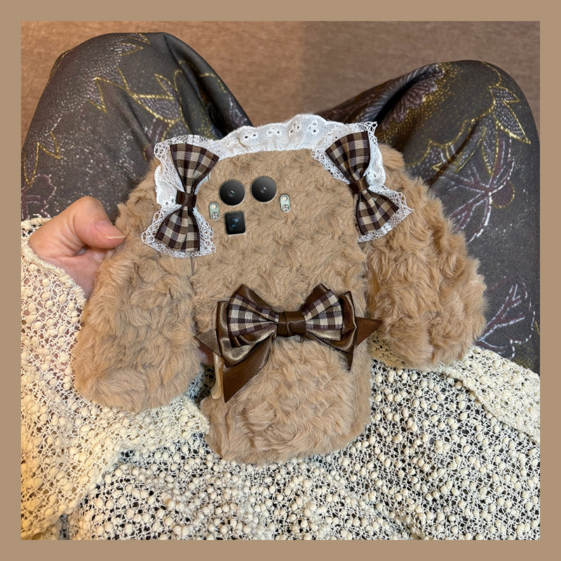 蕾丝格子蝴蝶结苹果适用oppo真我gt8手机壳13pro至尊版12por+毛绒11秋冬gt7/gtneo6se/neo5十v25/v15/q5/q3s