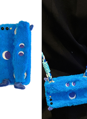蓝色小怪兽适用三星zfold6手机壳zflip5腕带w23flip斜挎3卡通zfold2折叠屏秋冬季w22毛绒绒w21硬壳galaxy立体