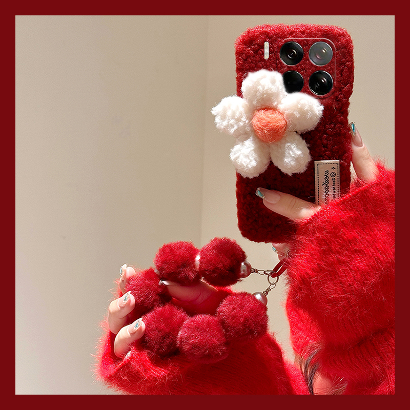 红色毛绒花朵适用小米15pro手机壳14ultra毛球13挂链12spor新年12x本命年11青春版10硅胶mix4毛毛8se/civi4/3